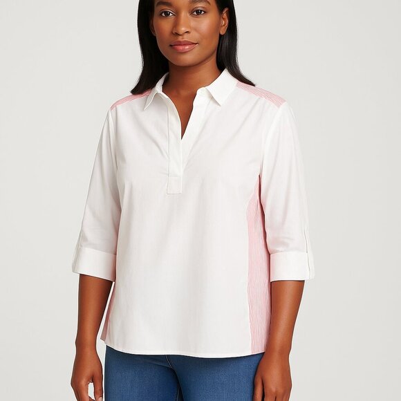 Zac & Rachel White Popover Top with Red Stripe Back & Roll Sleeves Medium - Picture 1 of 7